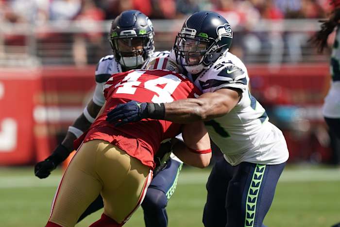 Seattle Seahawks middle linebacker Bobby Wagner (54) tackles San Francisco 49ers fullback Kyle Juszczyk (44) during the second quarter at Levi's Stadium.